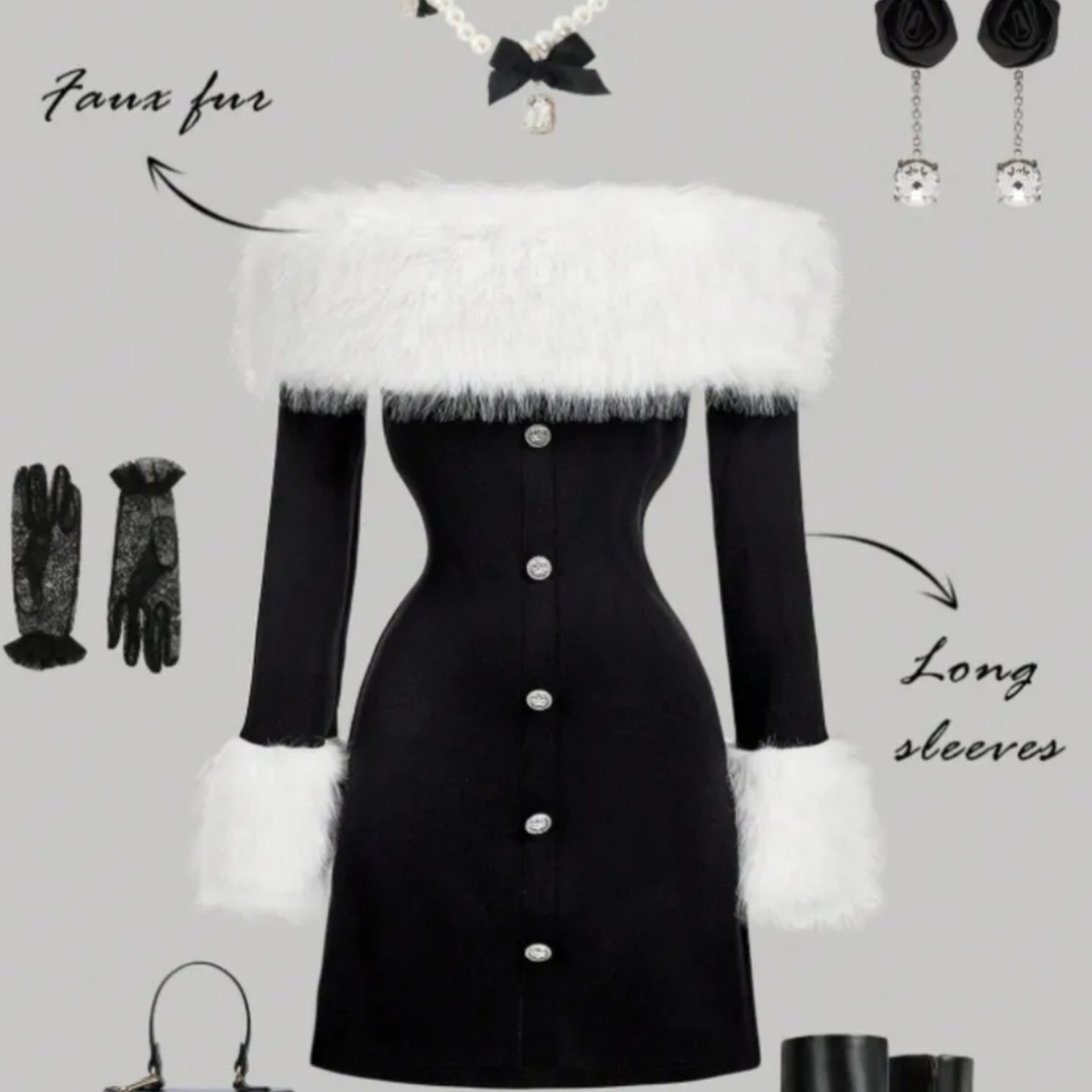 Black and White Fur Trim Dress